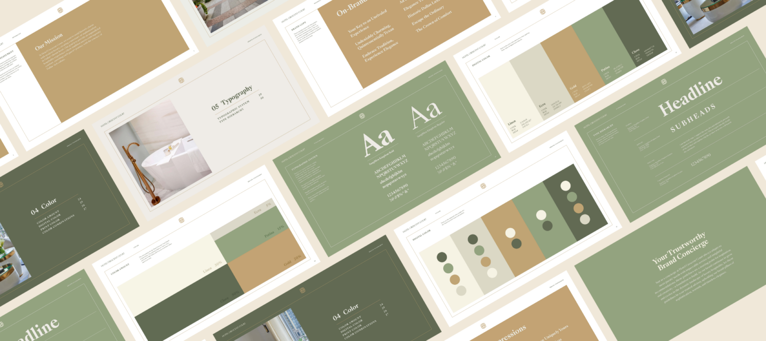 Brand guidelines presentation slides featuring sage green and tan color palette, typography samples, and design elements.